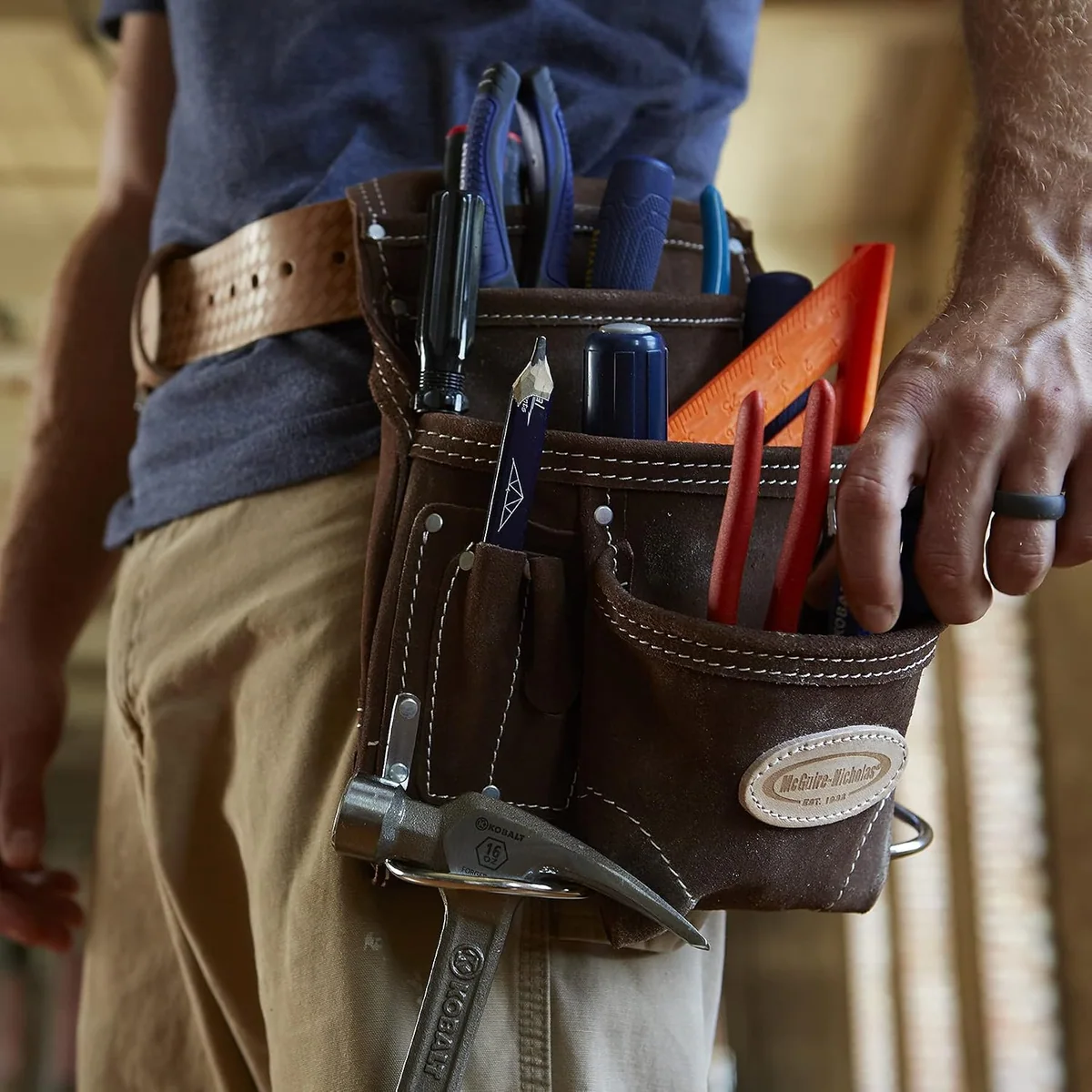 McGuire-Nicholas Carpenter's Nail & Tool Pouch, Suede worn on a belt